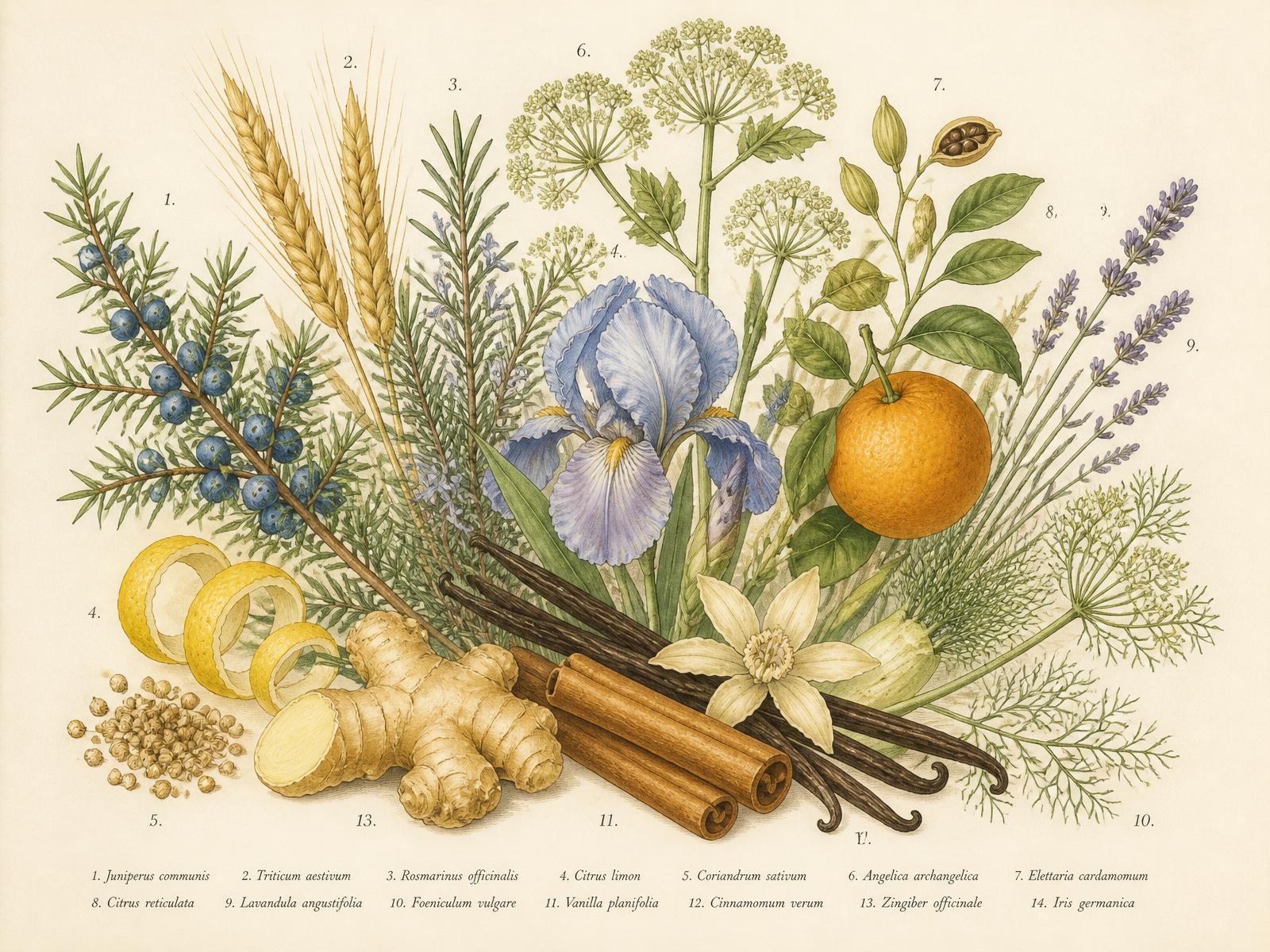 Bouquet of botanicals used in The Yacht Club Classics spirits — juniper, grain, iris, lavender, vanilla, cinnamon, ginger, mandarin and citrus peels