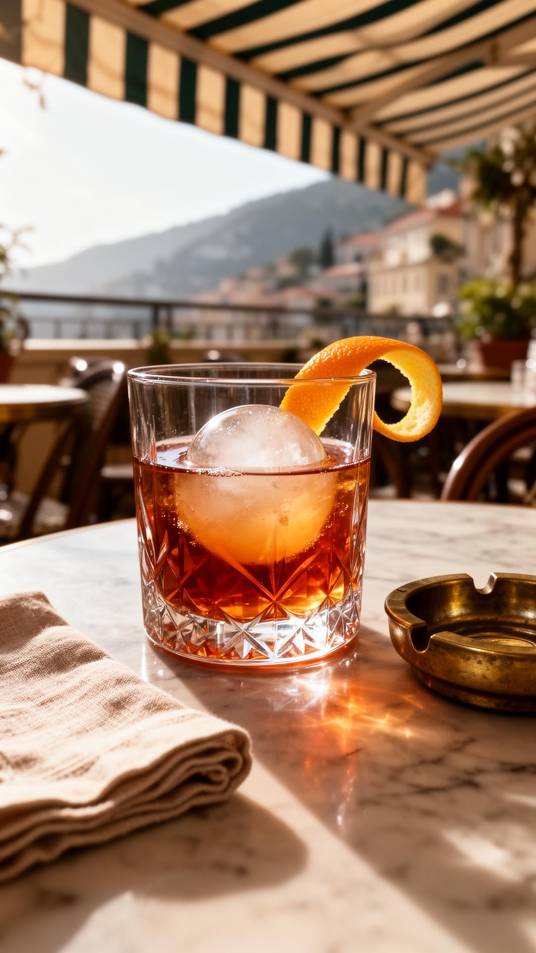 A Negroni cocktail in crystal on a marble café table on the Italian Riviera